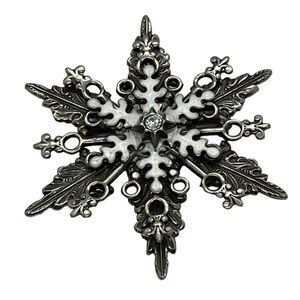 𝅺VINTAGE Snowflake Brooch Enamel Silver Color Metal Gem